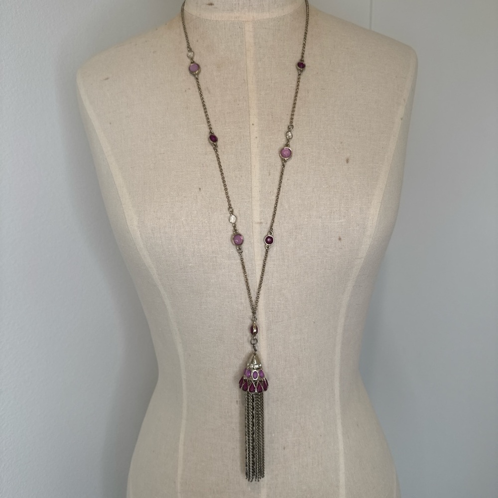 White House Black Market Purple beaded tassel necklace with gold tone